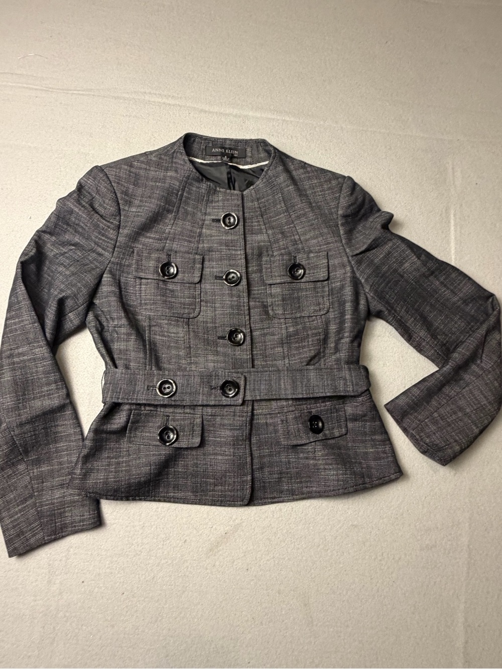 Anne Klein Gray Tweed Button-Front Belted Jacket 6